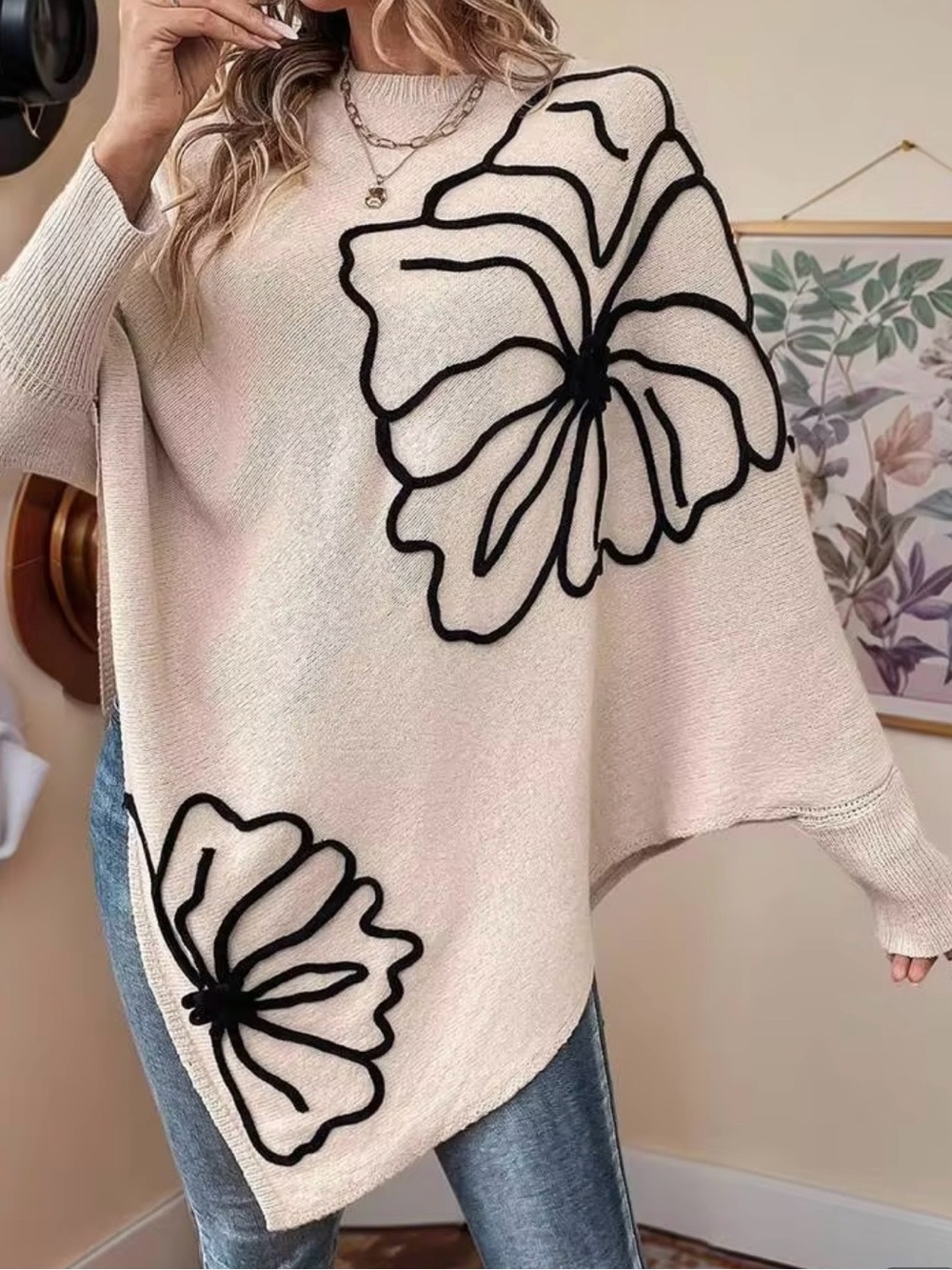 SHEIN Cream Oversized Floral Applique Sweater Top with Black Trim